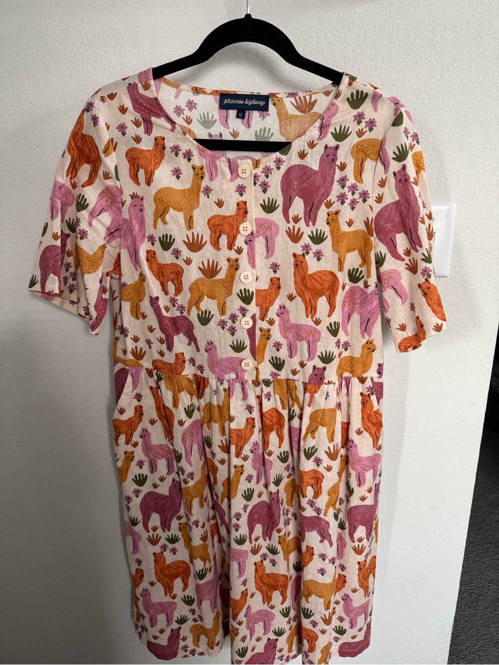 Princess Highway Cream Mini Dress with Pink & Orange Llama Print